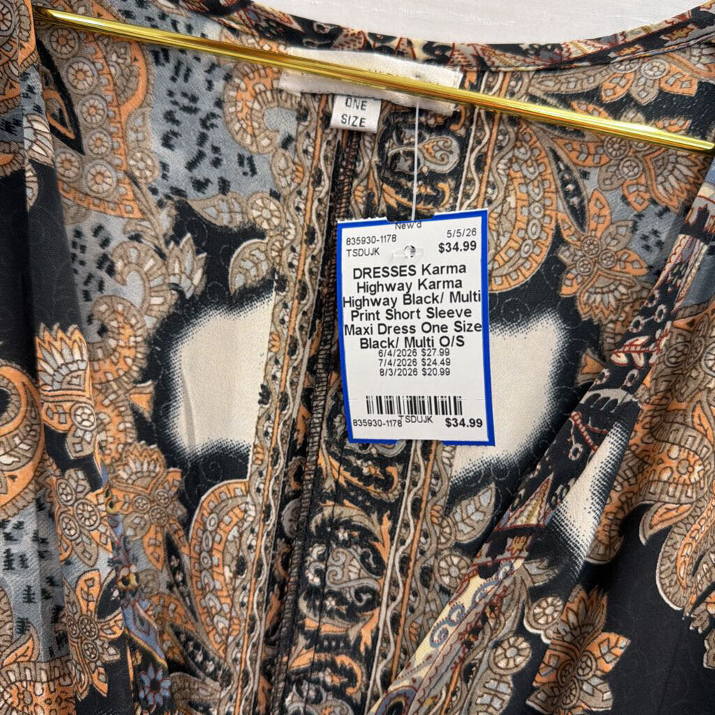 Karma Highway Black/ Multi Print Short Sleeve Maxi Dress One Size