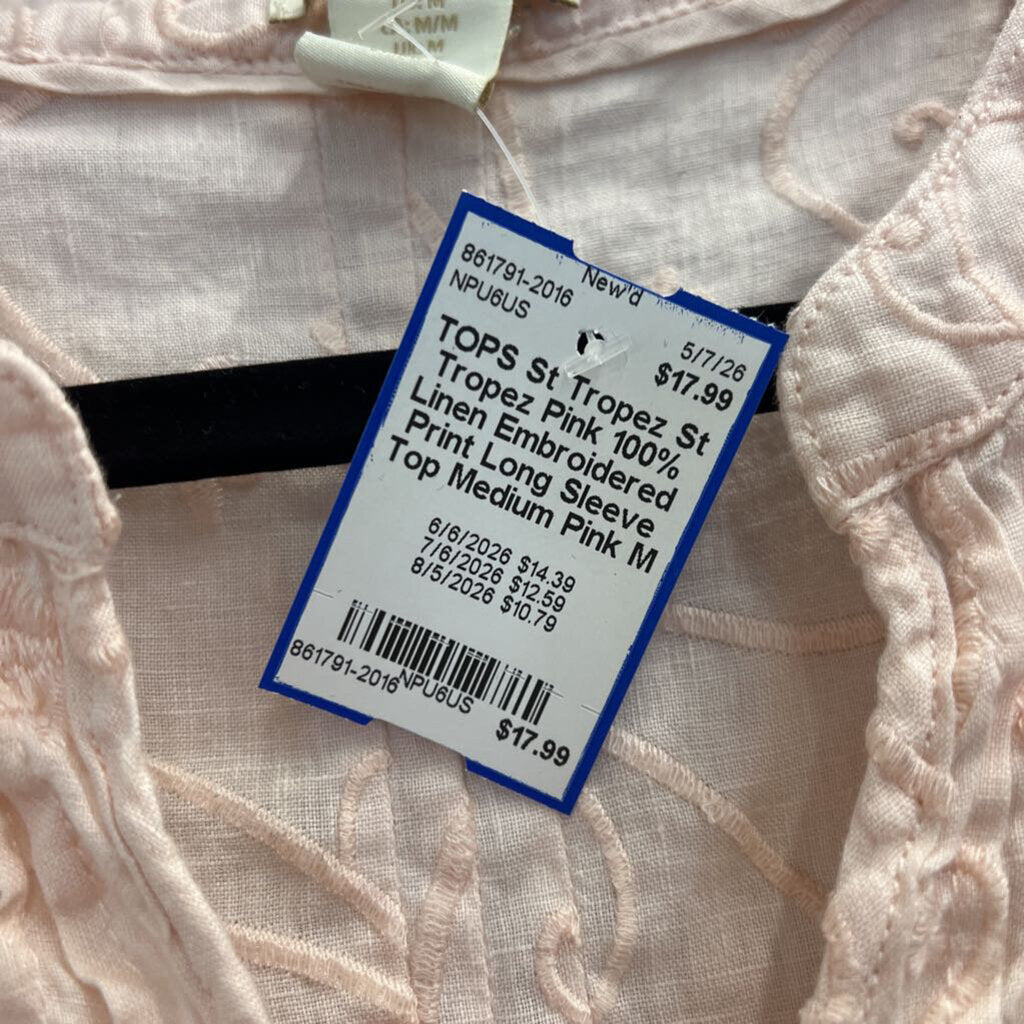 St Tropez Pink 100% Linen Embroidered Print Long Sleeve Top Medium