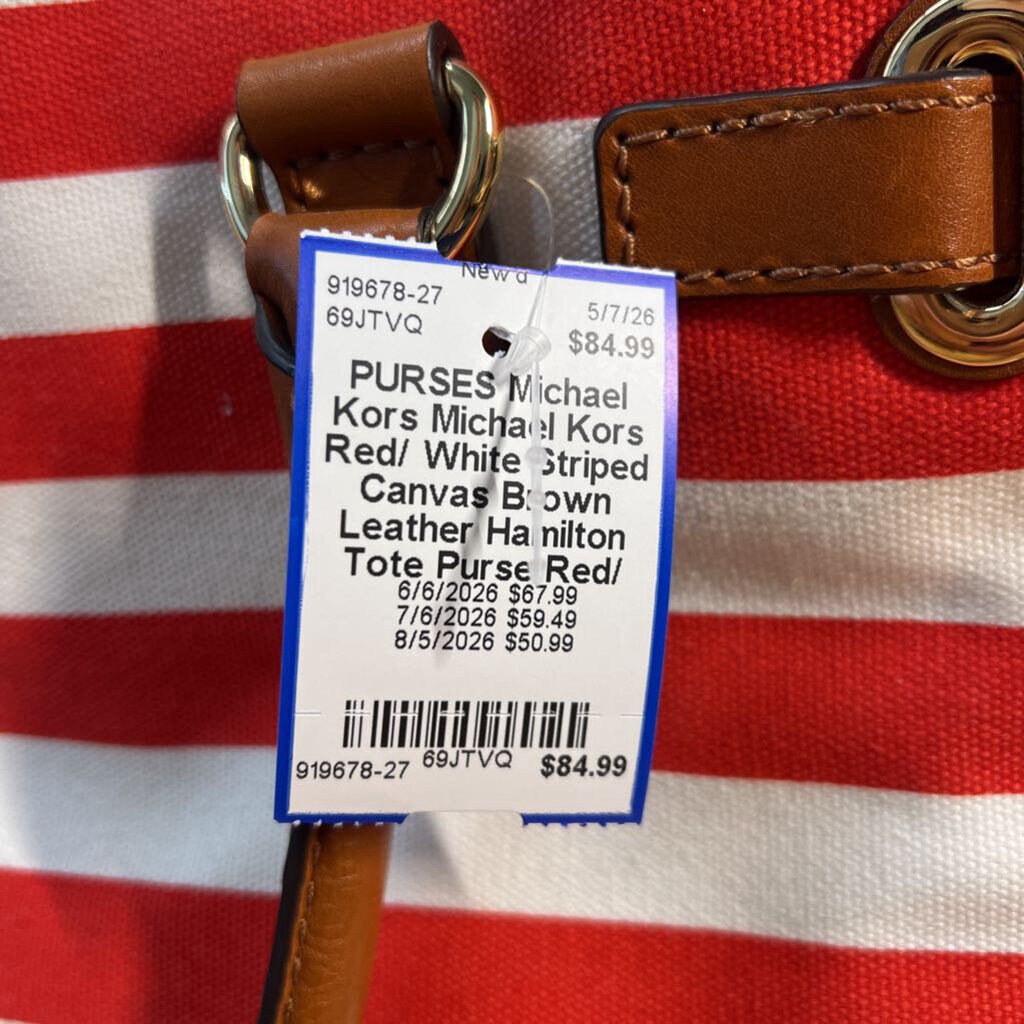 Michael Kors Red/ White Striped Canvas Brown Leather Hamilton Tote Purse