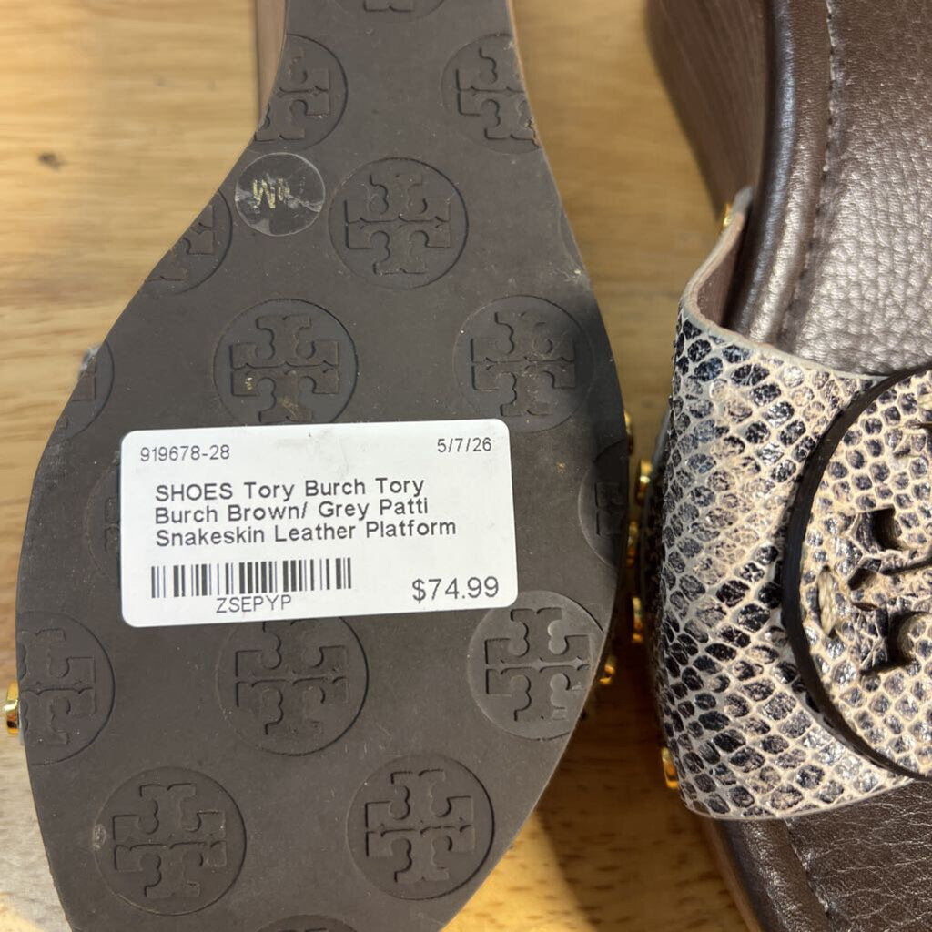 Tory Burch Brown/ Grey Patti Snakeskin Leather Platform Wedge Slide Sandals 7.5