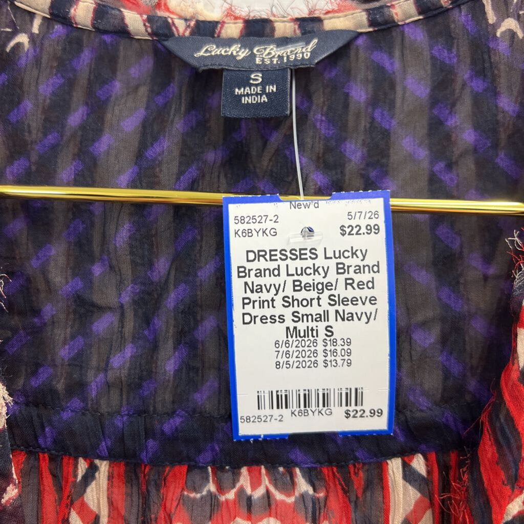 Lucky Brand Navy/ Beige/ Red Print Short Sleeve Dress Small