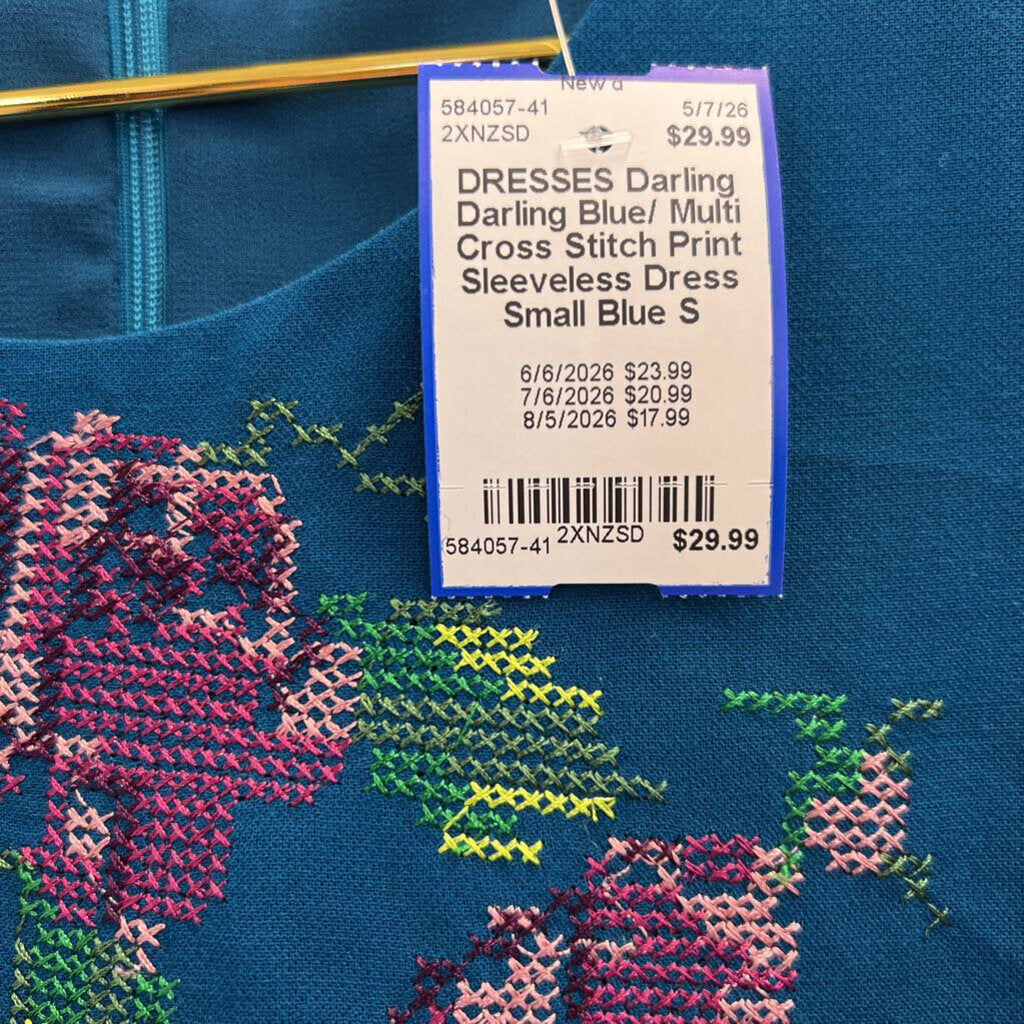 Darling Blue/ Multi Cross Stitch Print Sleeveless Dress Small