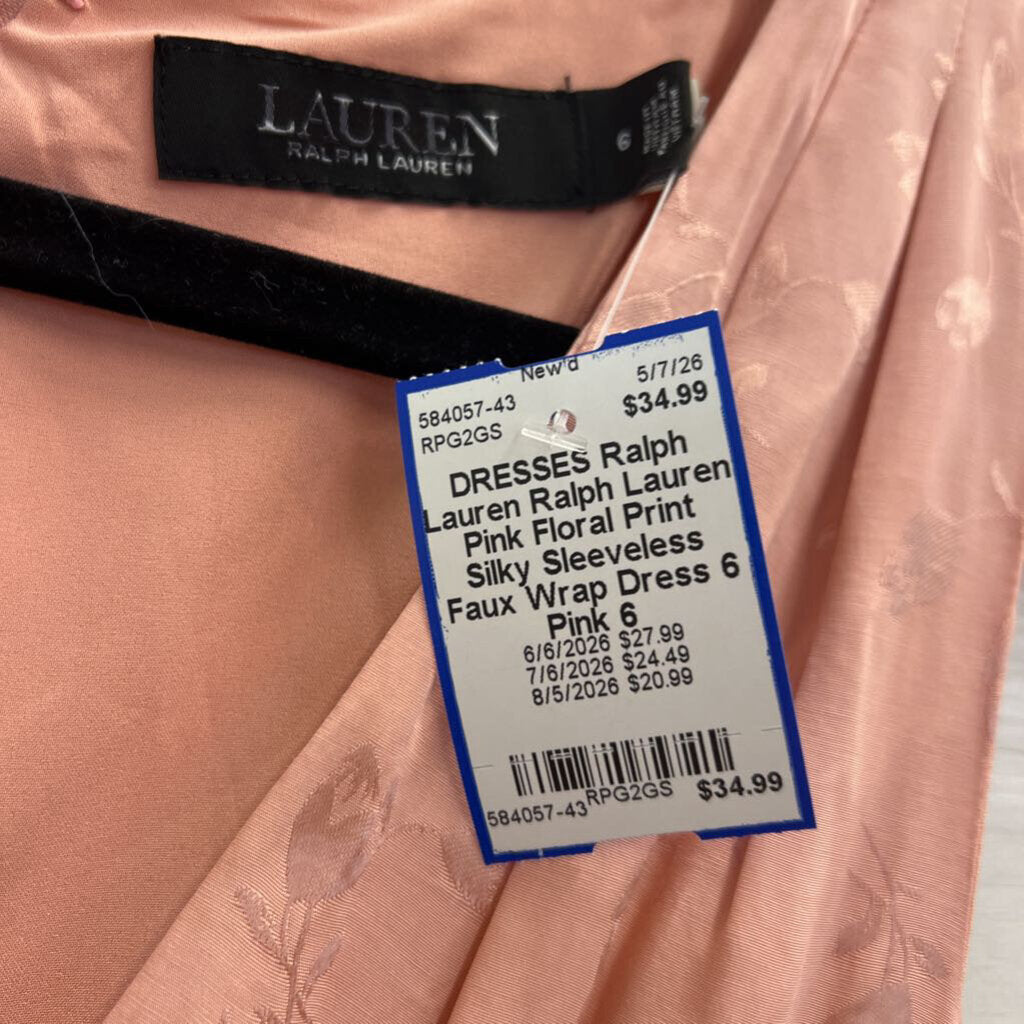 Ralph Lauren Pink Floral Print Silky Sleeveless Faux Wrap Dress 6