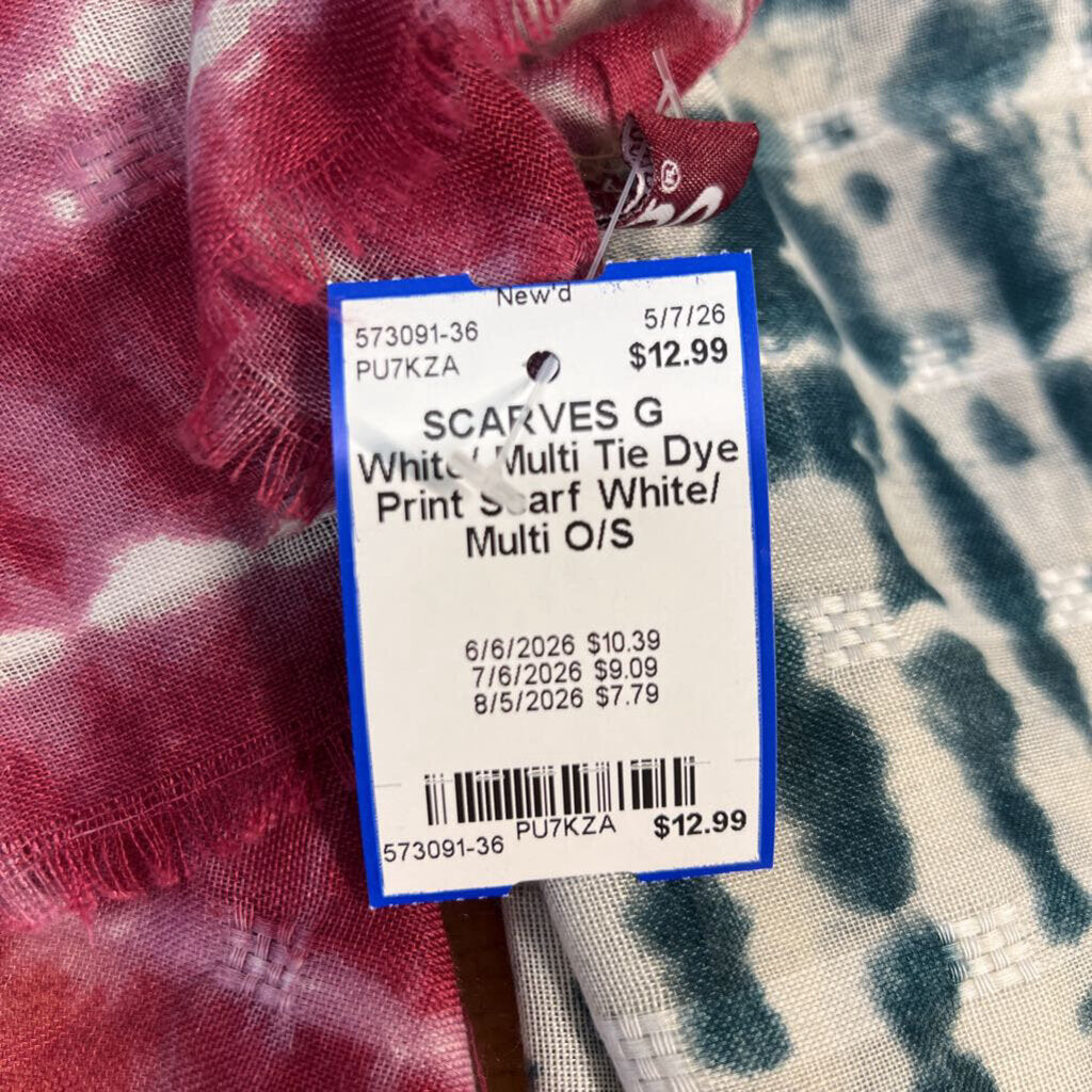 White/ Multi Tie Dye Print Scarf