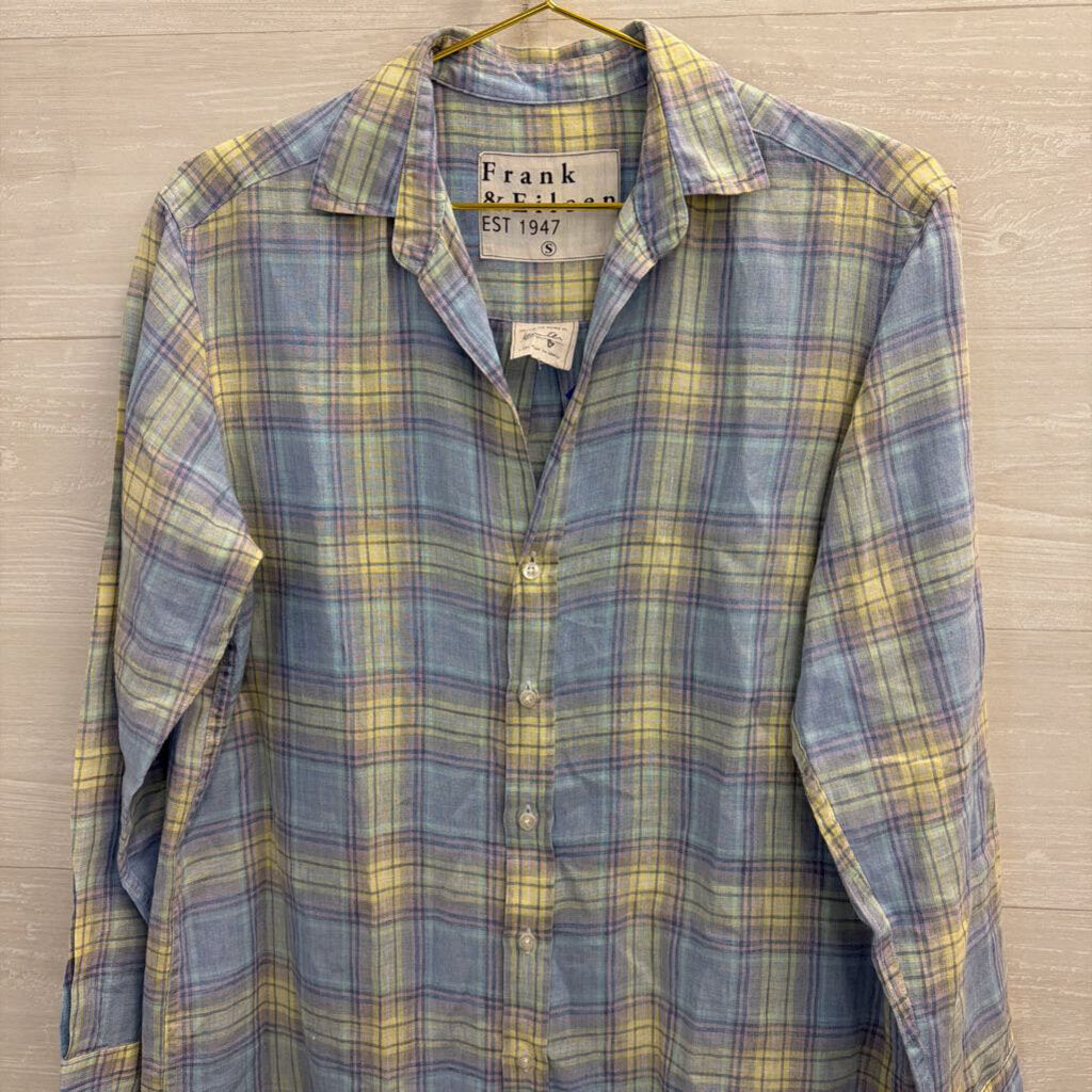 Frank and Eileen Blue/ Purple/ Yellow Plaid 100% Linen Long Sleeve Button  Down Dress Small