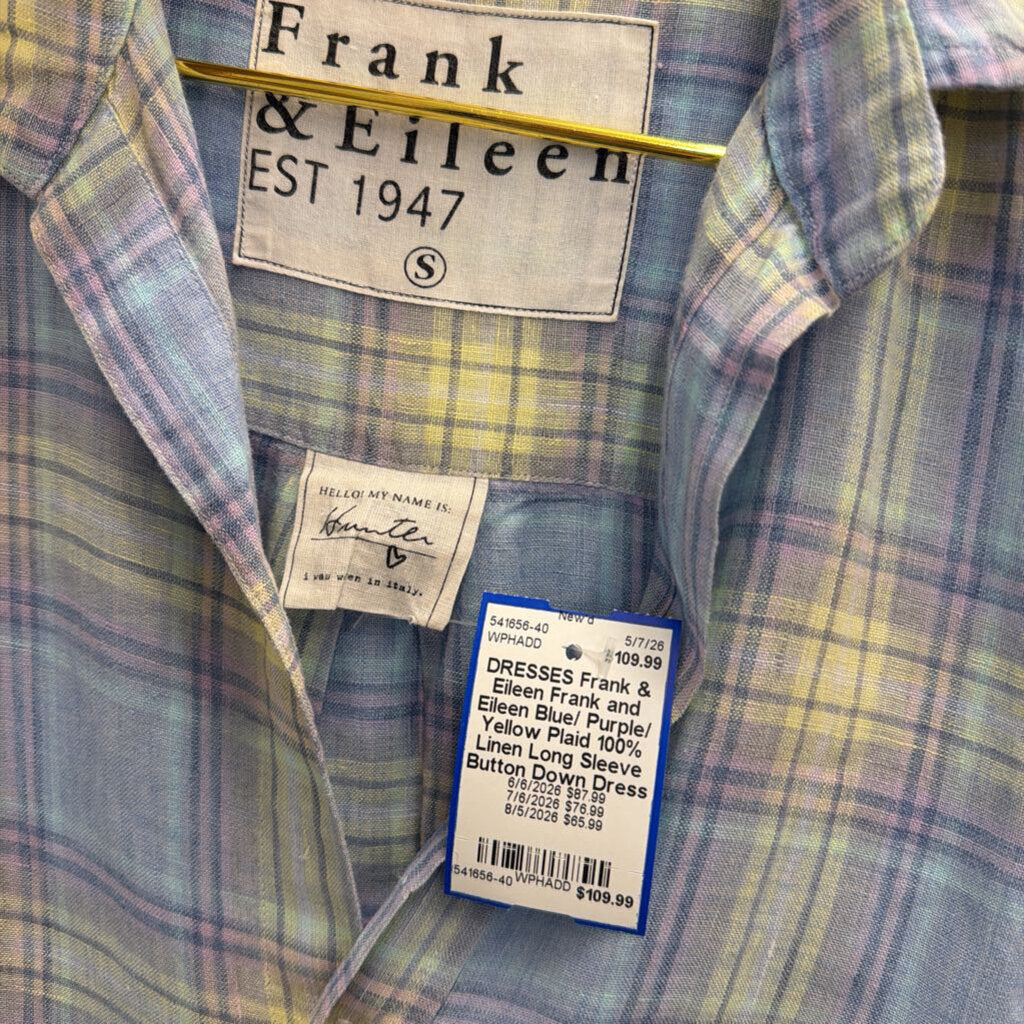 Frank and Eileen Blue/ Purple/ Yellow Plaid 100% Linen Long Sleeve Button Down Dress Small
