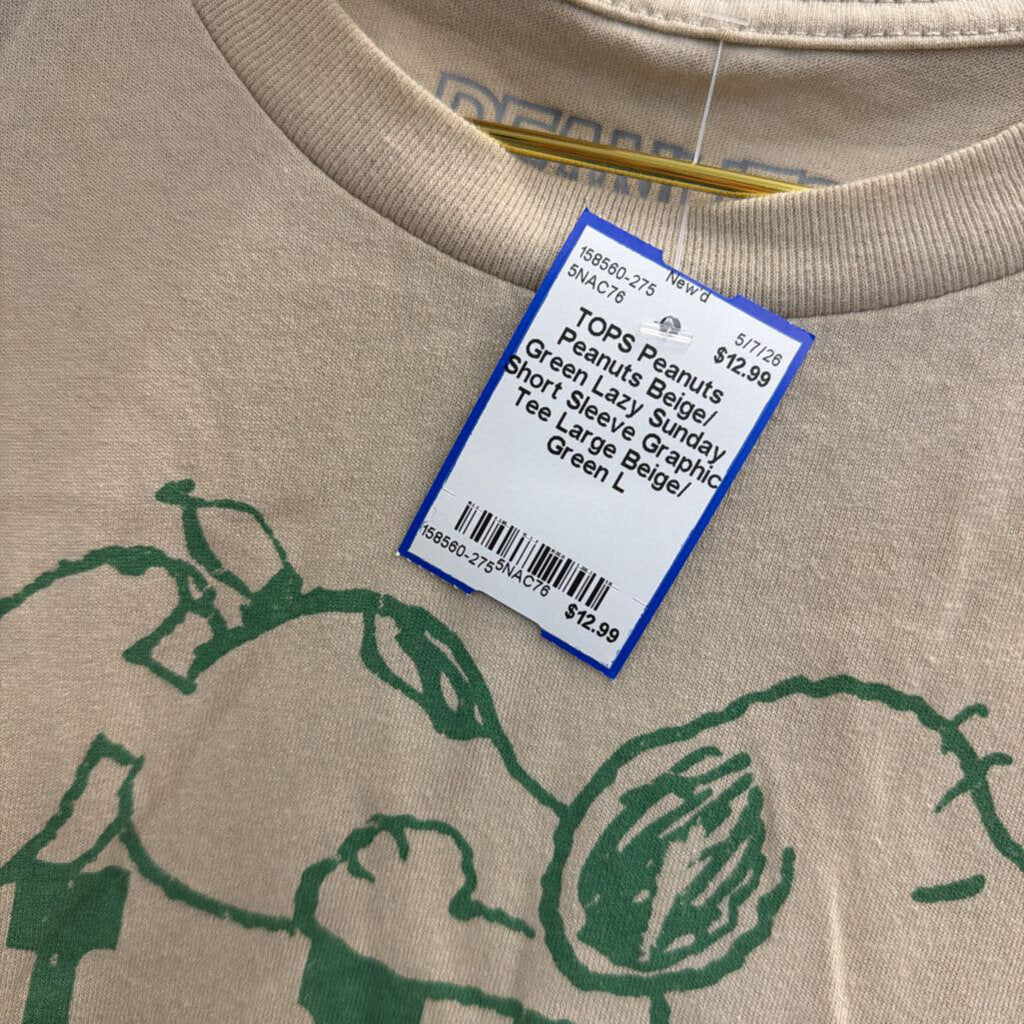 Peanuts Beige/ Green Lazy Sunday Short Sleeve Graphic Tee Large