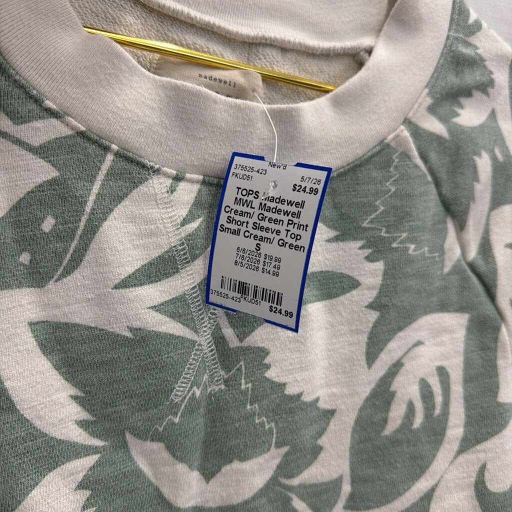 Madewell Cream/ Green Print Short Sleeve Top Small