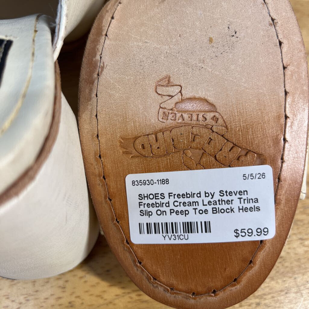 Freebird Cream Leather Trina Slip On Peep Toe Block Heels 9