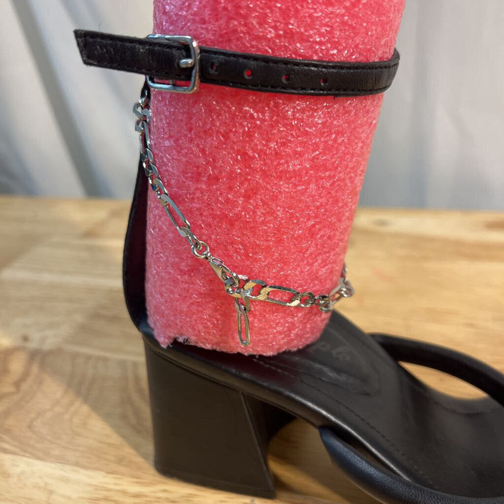 Free People Black Leather Parker Chain Sandal Block Heels 39