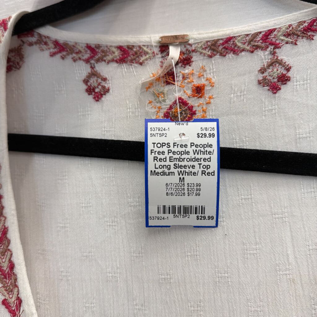 Free People White/ Red Embroidered Long Sleeve Top Medium