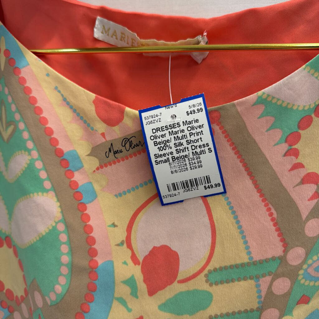 Marie Oliver Beige/ Multi Print 100% Silk Short Sleeve Shift Dress Small