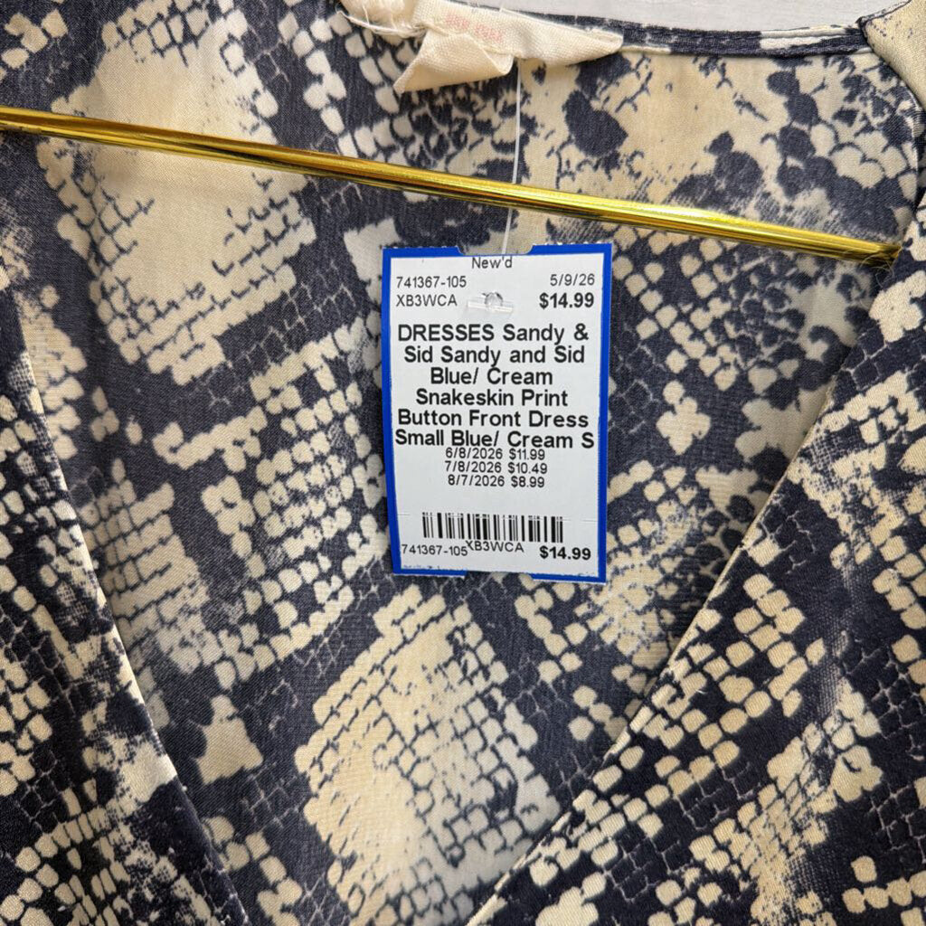 Sandy and Sid Blue/ Cream Snakeskin Print Button Front Dress Small