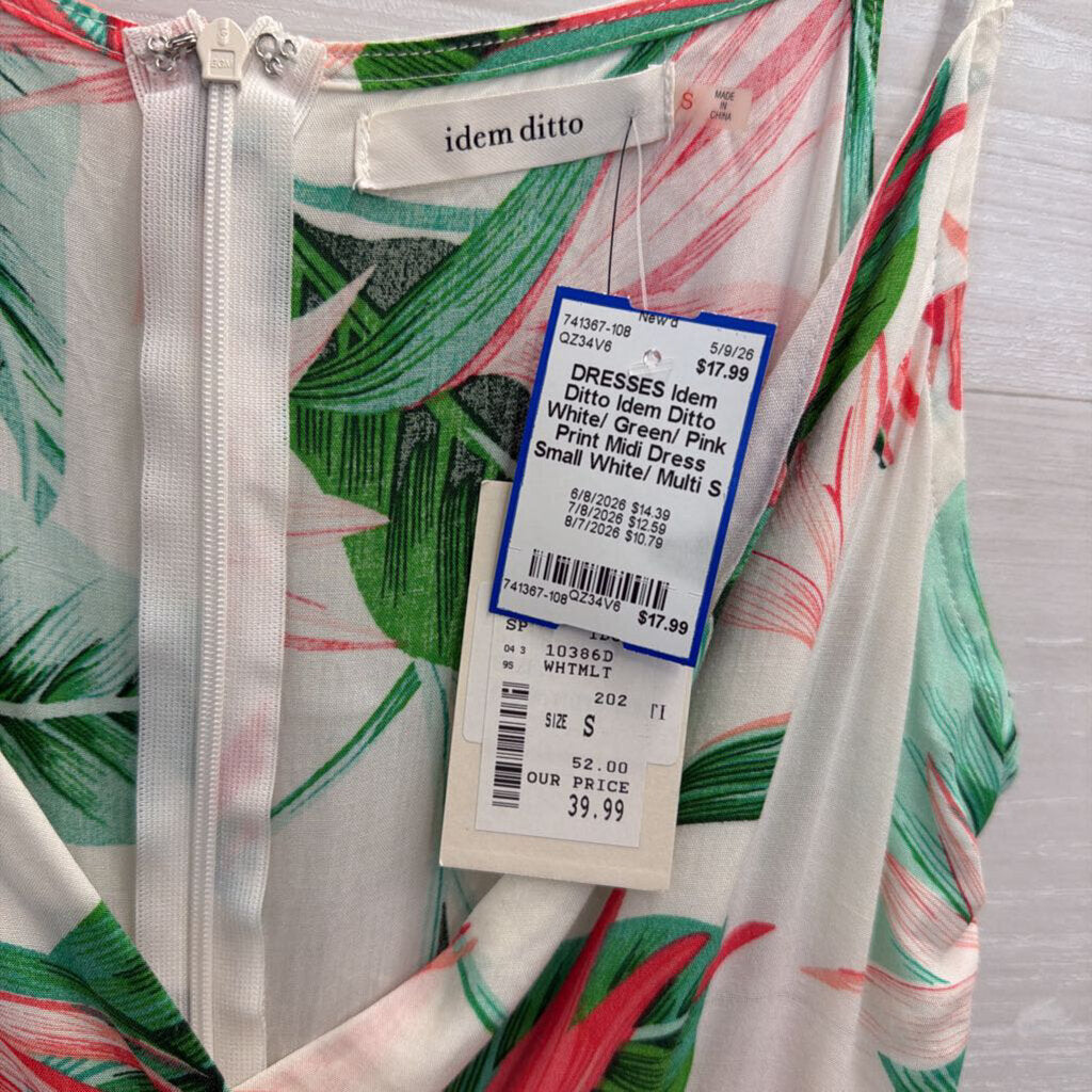Idem Ditto White/ Green/ Pink Print Midi Dress Small