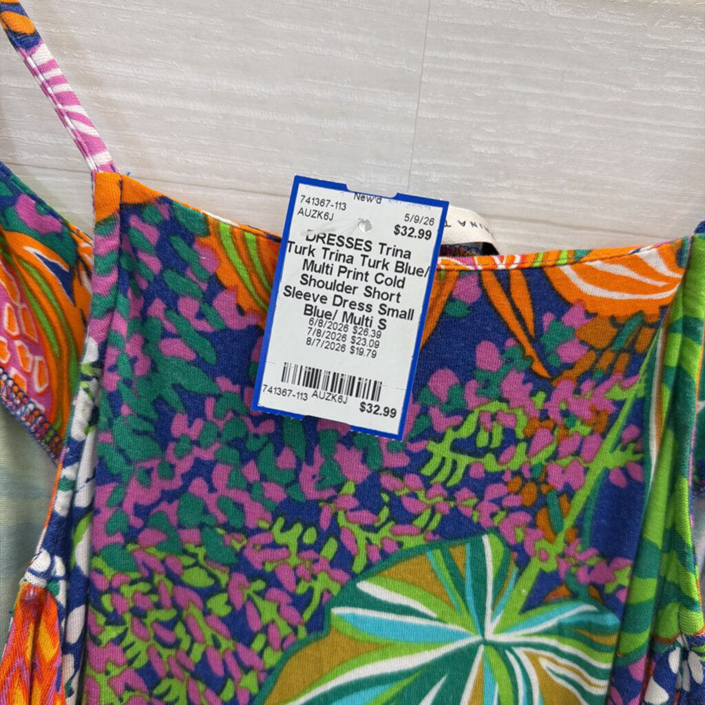 Trina Turk Blue/ Multi Print Cold Shoulder Short Sleeve Dress Small