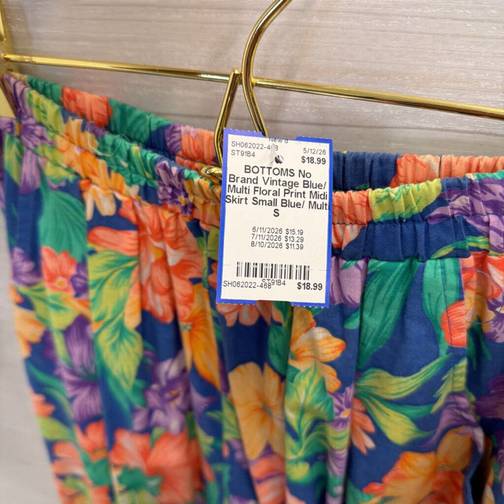 Vintage Blue/ Multi Floral Print Midi Skirt Small