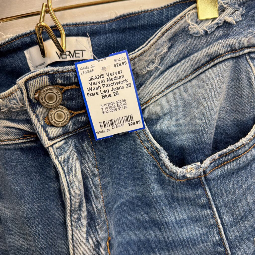 Vervet Medium Wash Patchwork Flare Leg Jeans 28