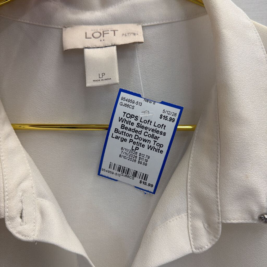Loft White Sleeveless Beaded Collar Button Down Top Large Petite