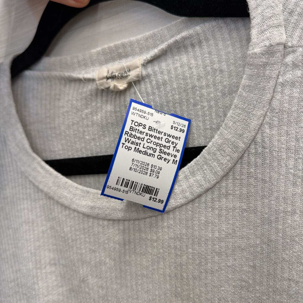 Bittersweet Grey Ribbed Cropped Tie Waist Long Sleeve Top Medium