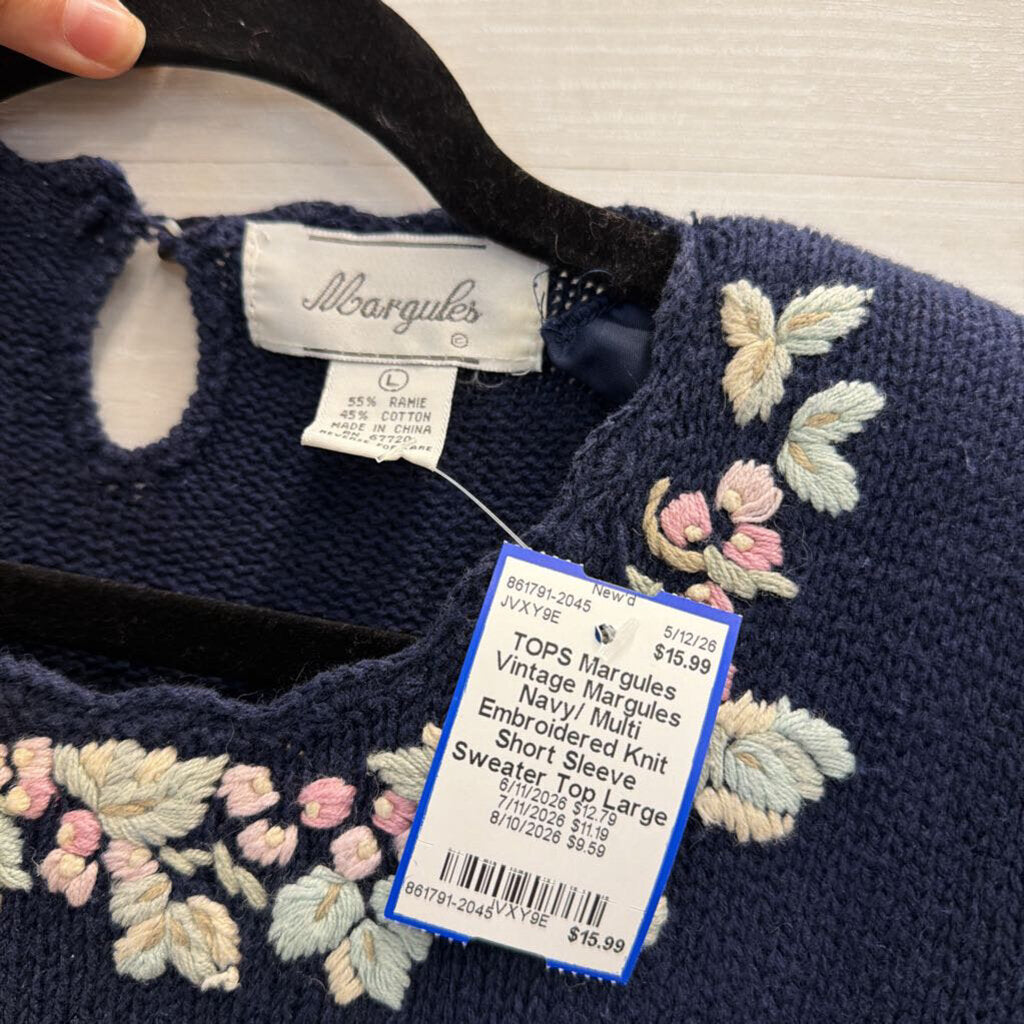 Vintage Margules Navy/ Multi Embroidered Knit Short Sleeve Sweater Top Large