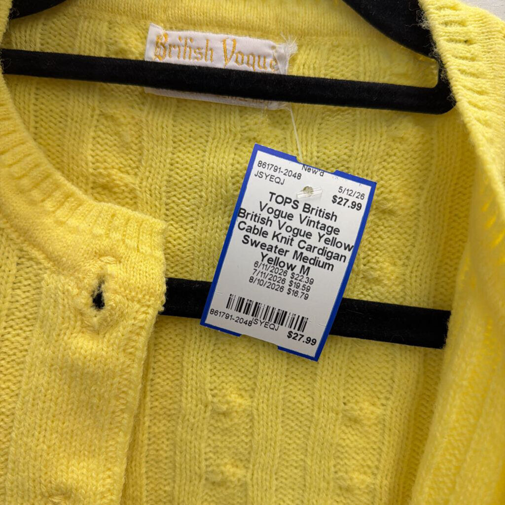 Vintage British Vogue Yellow Cable Knit Cardigan Sweater Medium