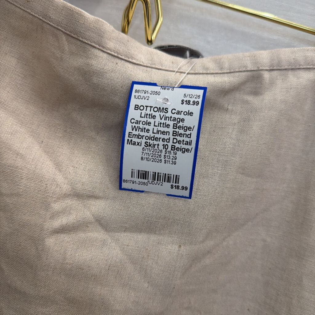Vintage Carole Little Beige/ White Linen Blend Embroidered Detail Maxi Skirt 10