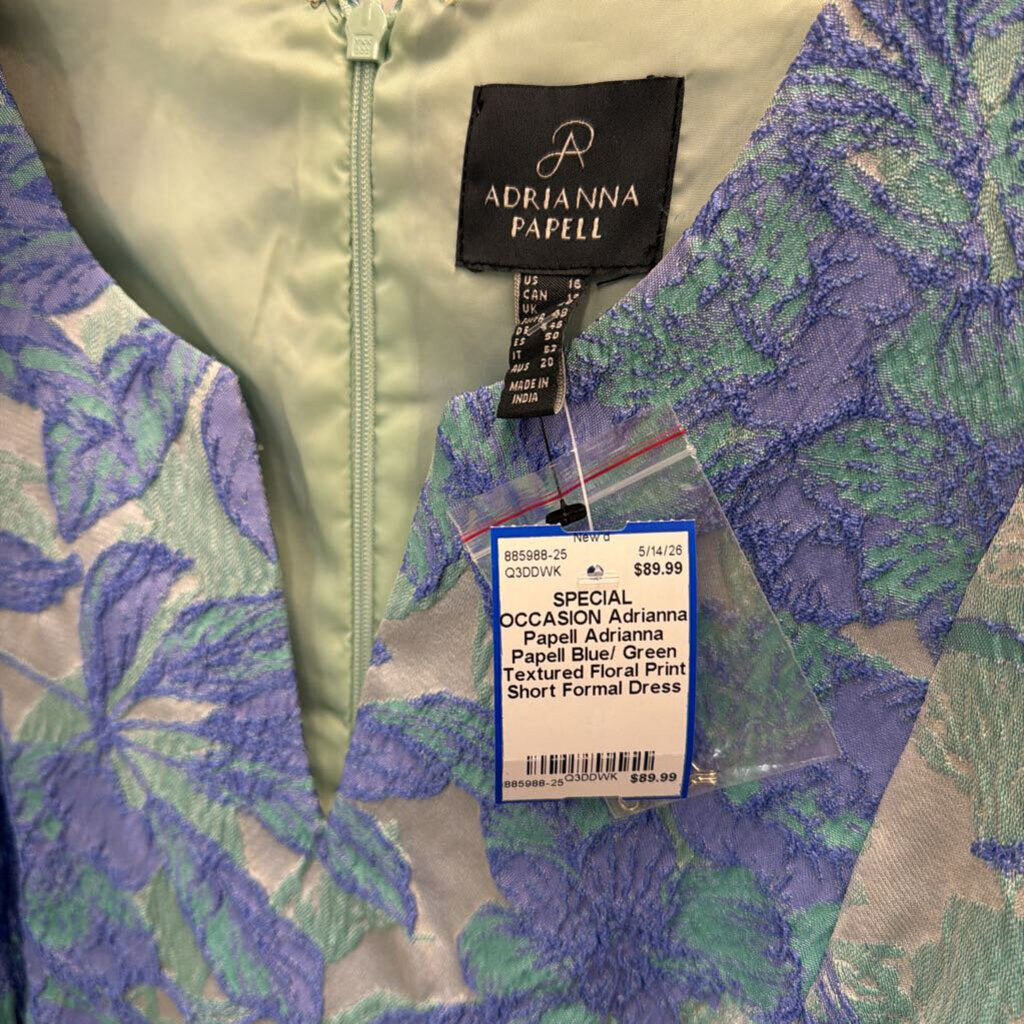 Adrianna Papell Blue/ Green Textured Floral Print Short Formal Dress 16