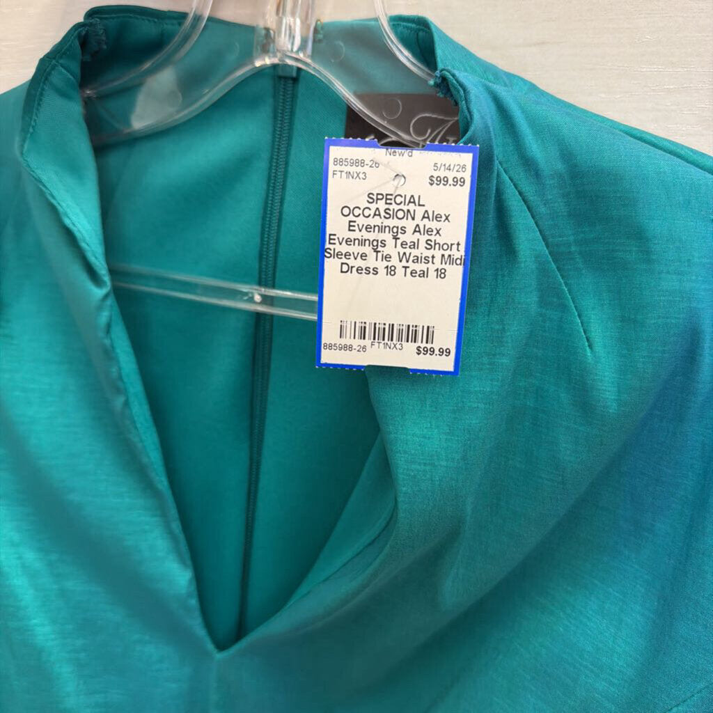 Alex Evenings Teal Short Sleeve Tie Waist Midi Dress 18