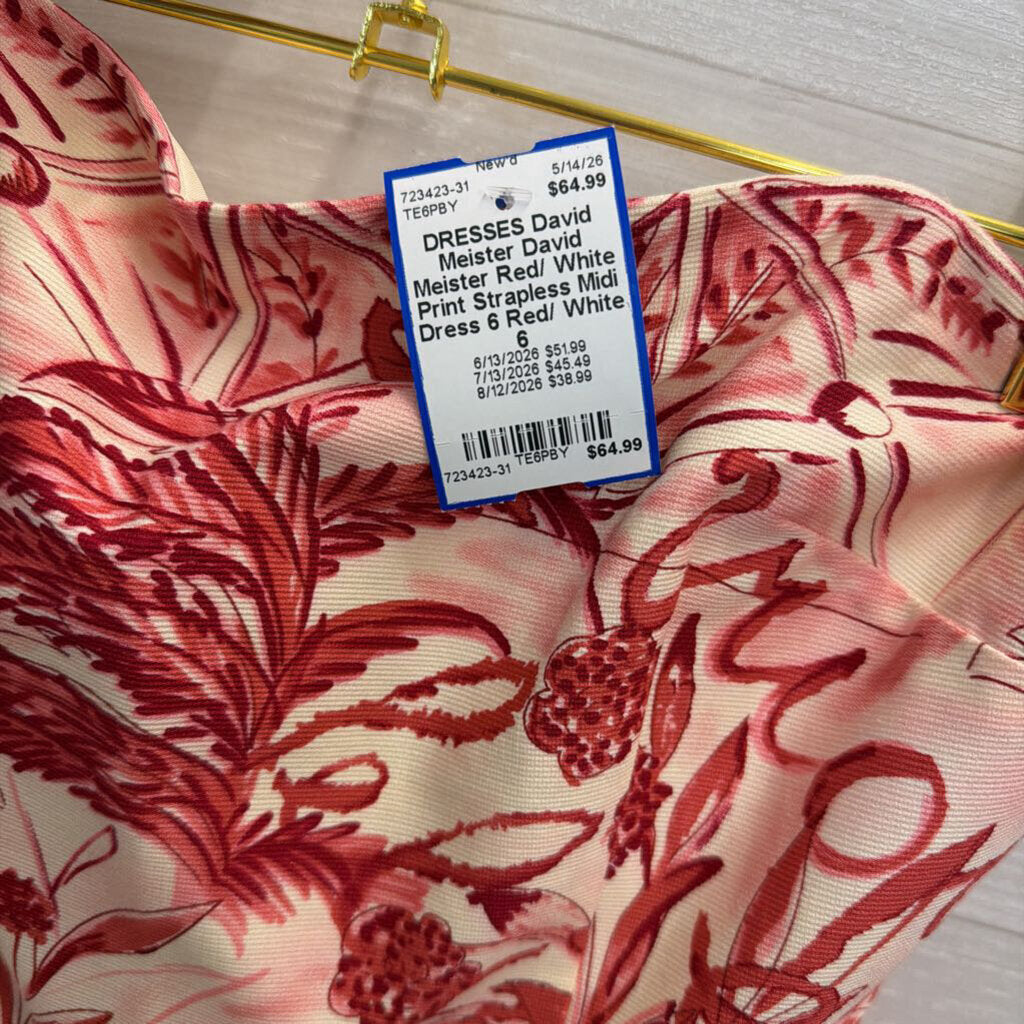David Meister Red/ White Print Strapless Midi Dress 6