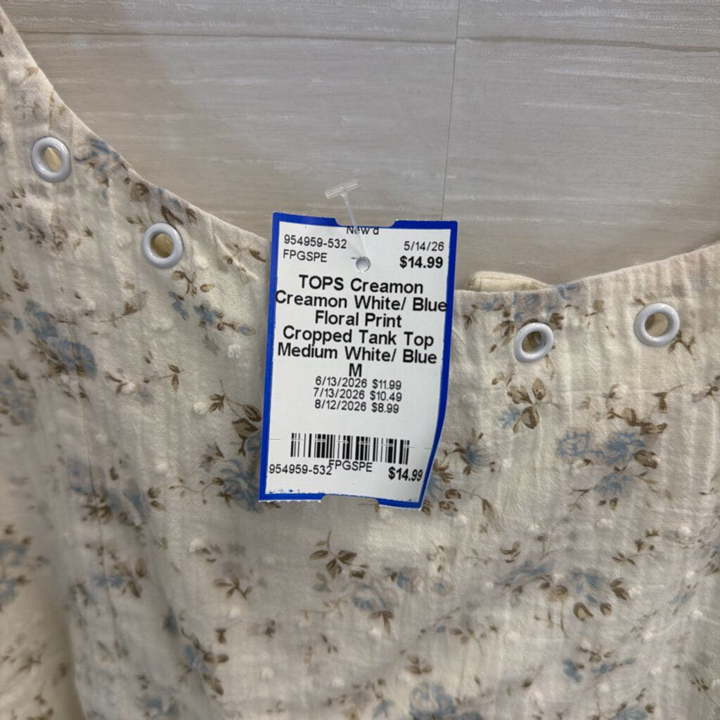 Creamon White/ Blue Floral Print Cropped Tank Top Medium