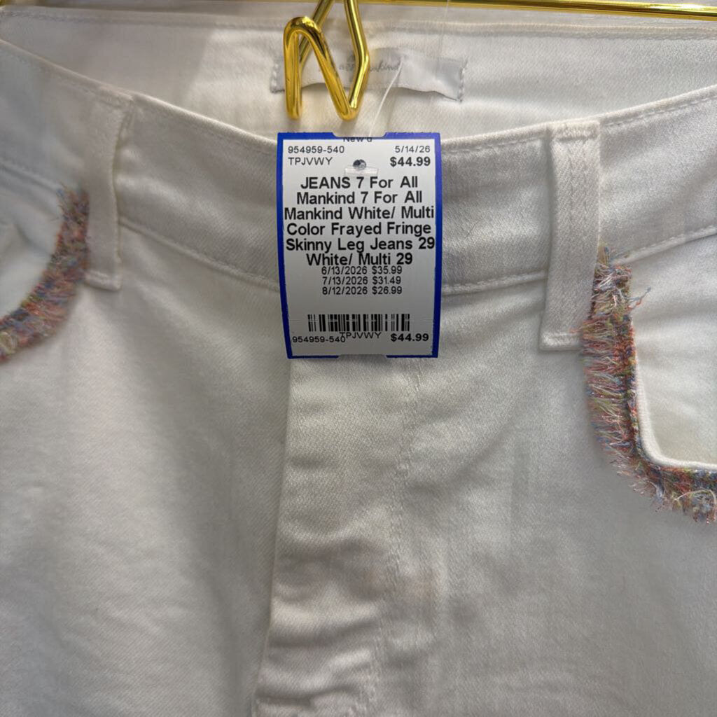 7 For All Mankind White/ Multi Color Frayed Fringe Skinny Leg Jeans 29