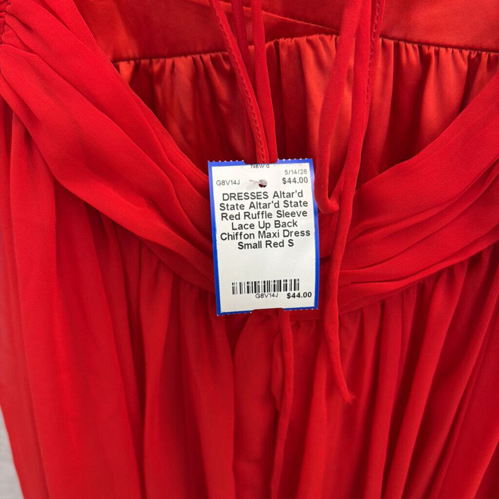 Altar'd State Red Ruffle Sleeve Lace Up Back Chiffon Maxi Dress Small
