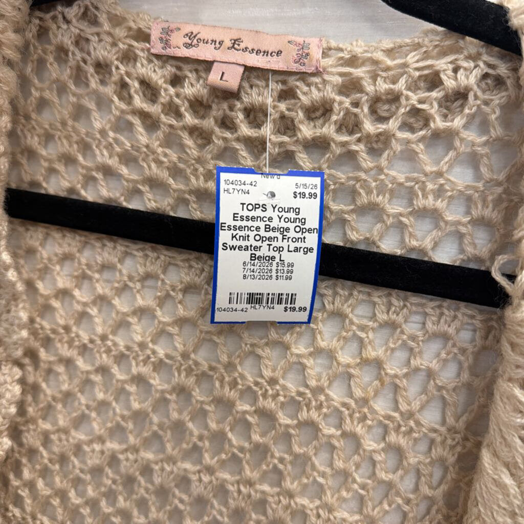 Young Essence Beige Open Knit Open Front Sweater Top Large