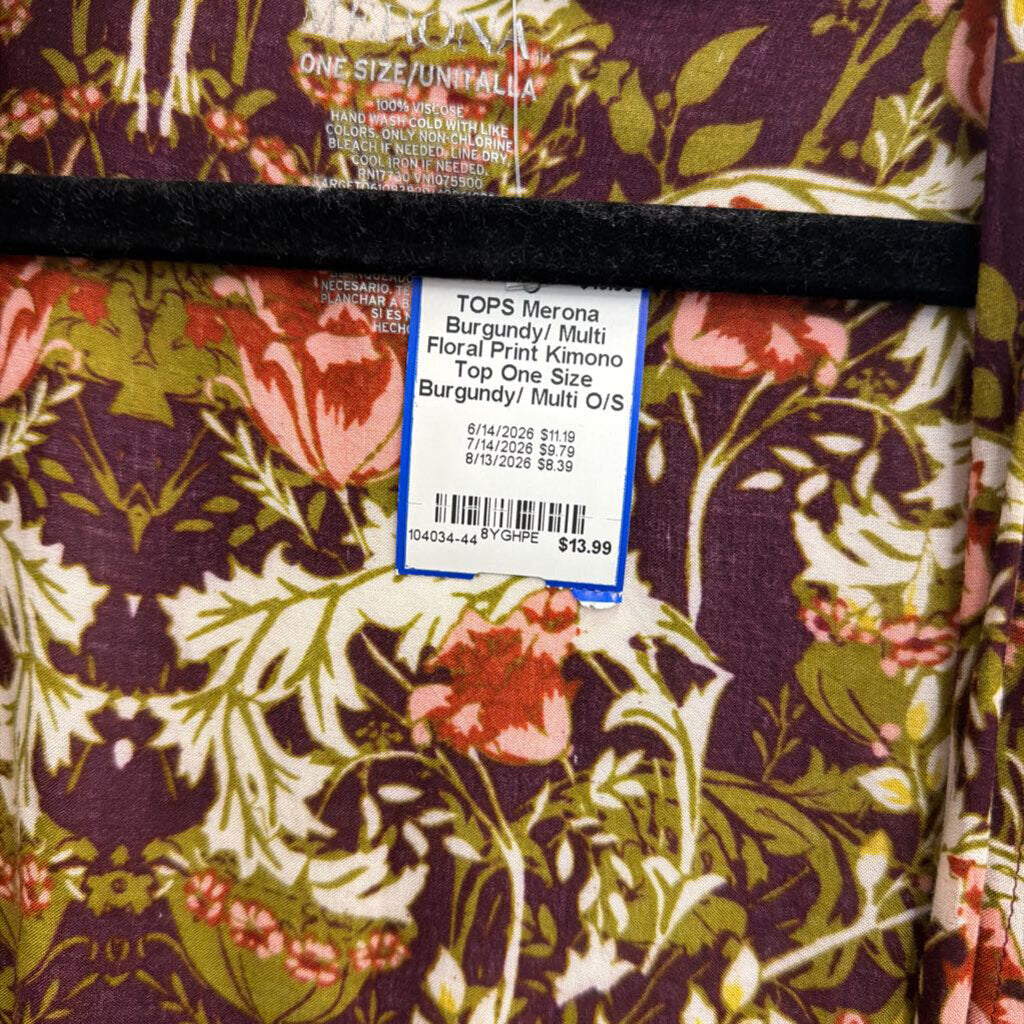 Burgundy/ Multi Floral Print Kimono Top One Size