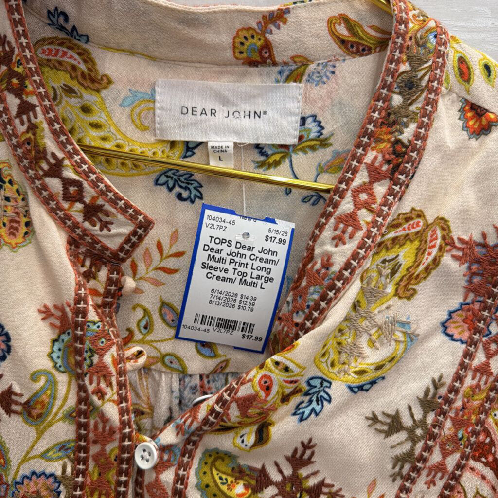 Dear John Cream/ Multi Print Long Sleeve Top Large