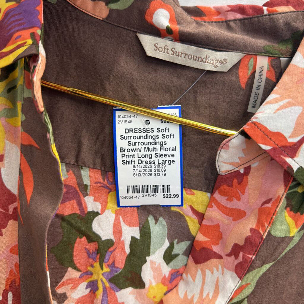 Soft Surroundings Brown/ Multi Floral Print Long Sleeve Shift Dress Large