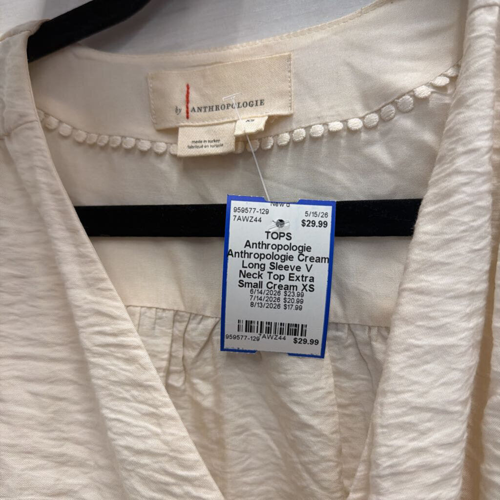 Anthropologie Cream Long Sleeve V Neck Top Extra Small