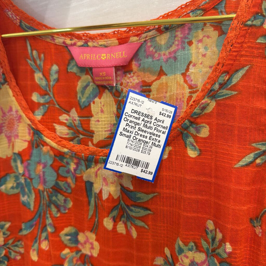 April Cornell Orange/ Multi Floral Print Sleeveless Maxi Dress Extra Small