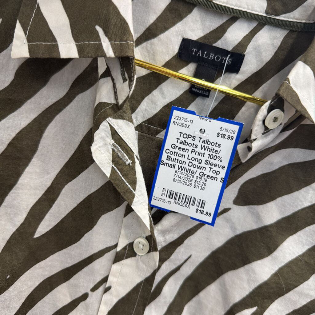 Talbots White/ Green Print 100% Cotton Long Sleeve Button Down Top Small