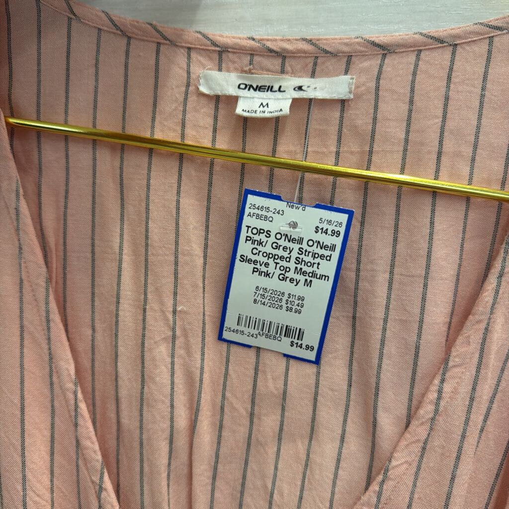 O'Neill Pink/ Grey Striped Cropped Short Sleeve Top Medium