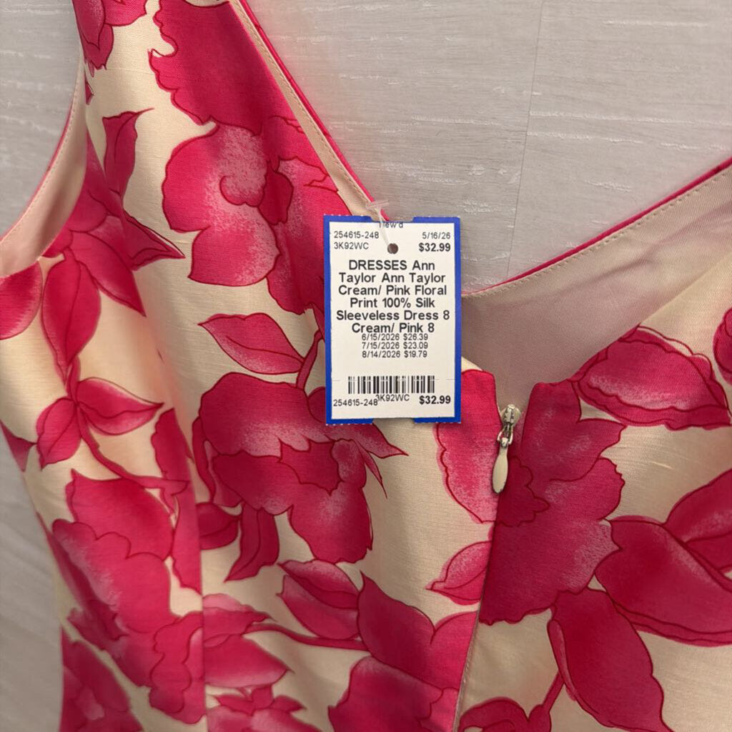 Ann Taylor Cream/ Pink Floral Print 100% Silk Sleeveless Dress 8