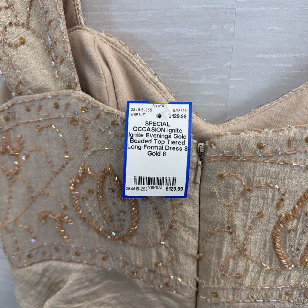 Ignite Evenings Gold Beaded Top Tiered Long Formal Dress 8