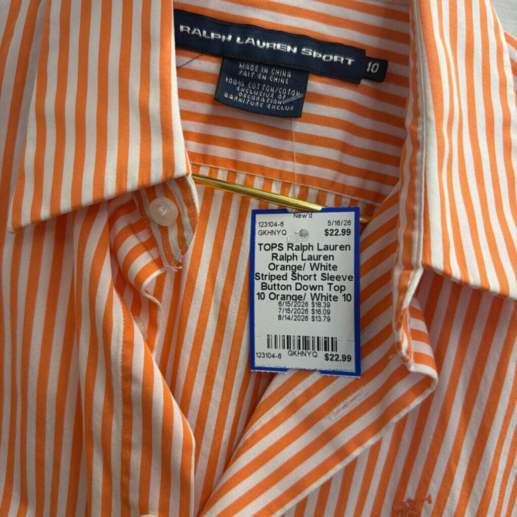 Ralph Lauren Orange/ White Striped Short Sleeve Button Down Top 10