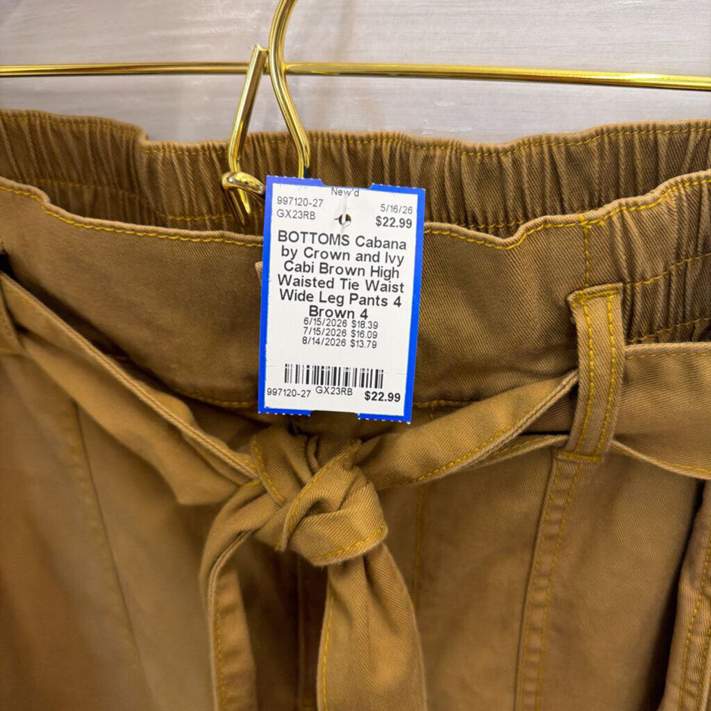 Cabi Brown High Waisted Tie Waist Wide Leg Pants 4