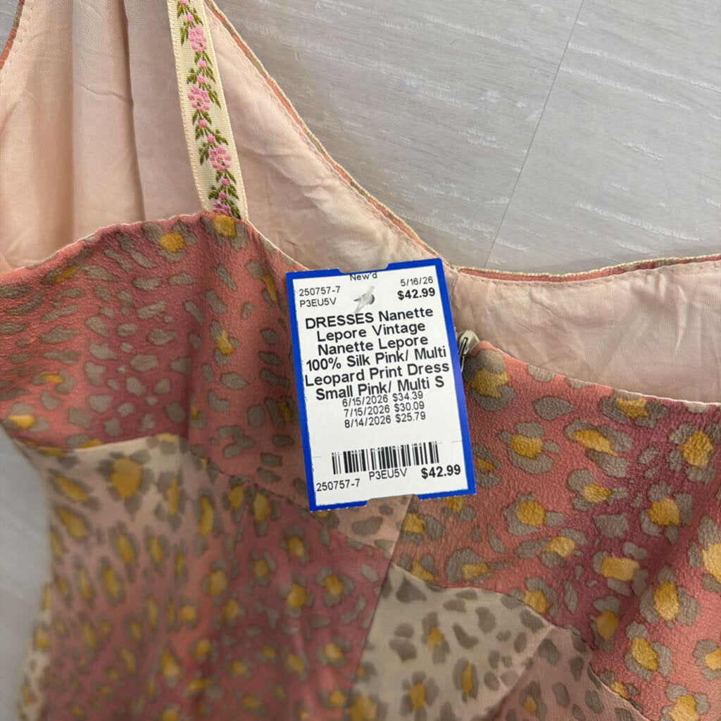 Vintage Nanette Lepore 100% Silk Pink/ Multi Leopard Print Dress Small