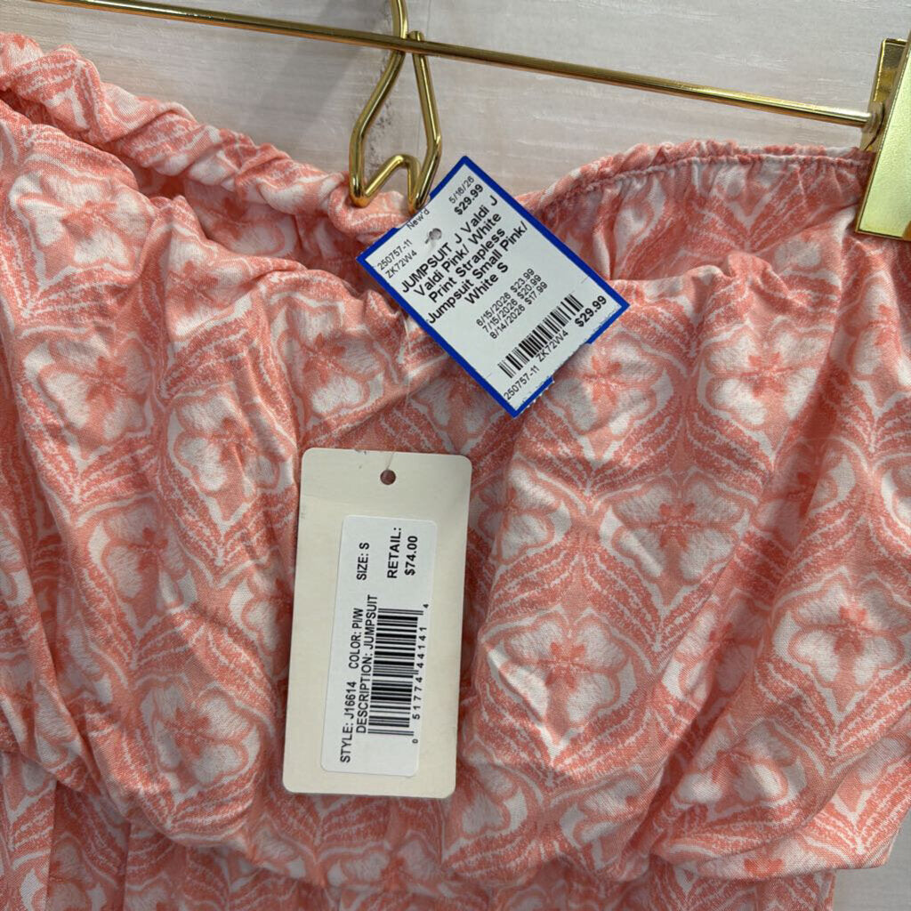 J Valdi Pink/ White Print Strapless Jumpsuit Small