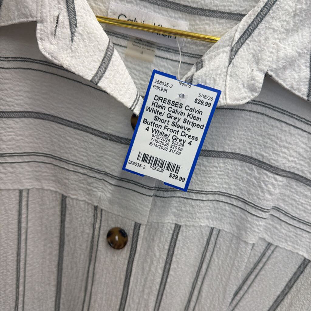 Calvin Klein White/ Grey Striped Short Sleeve Button Front Dress 4