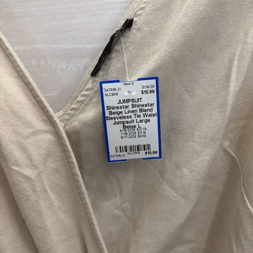 Shinestar Beige Linen Blend Sleeveless Tie Waist Jumpsuit Large