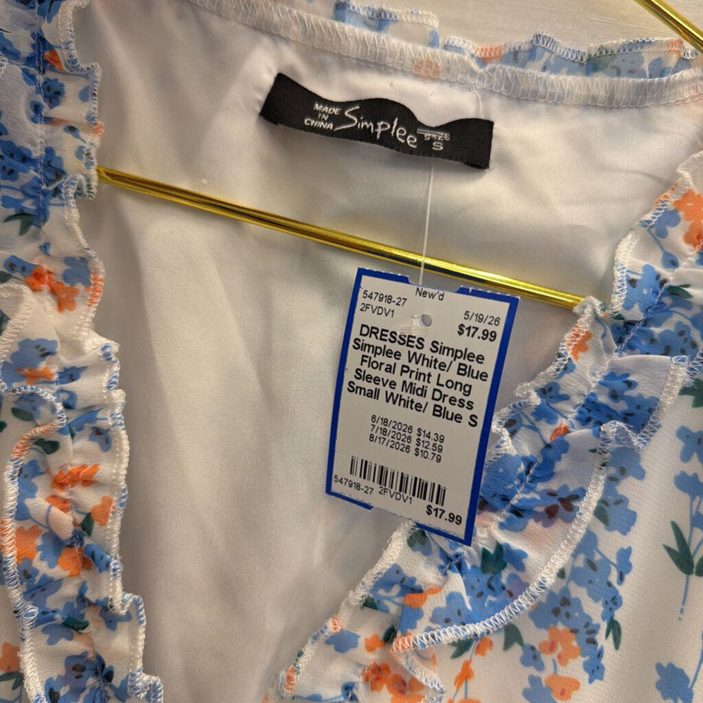 Simplee White/ Blue Floral Print Long Sleeve Midi Dress Small