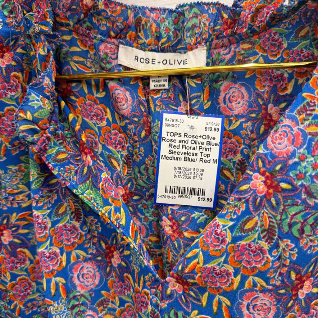Rose and Olive Blue/ Red Floral Print Sleeveless Top Medium